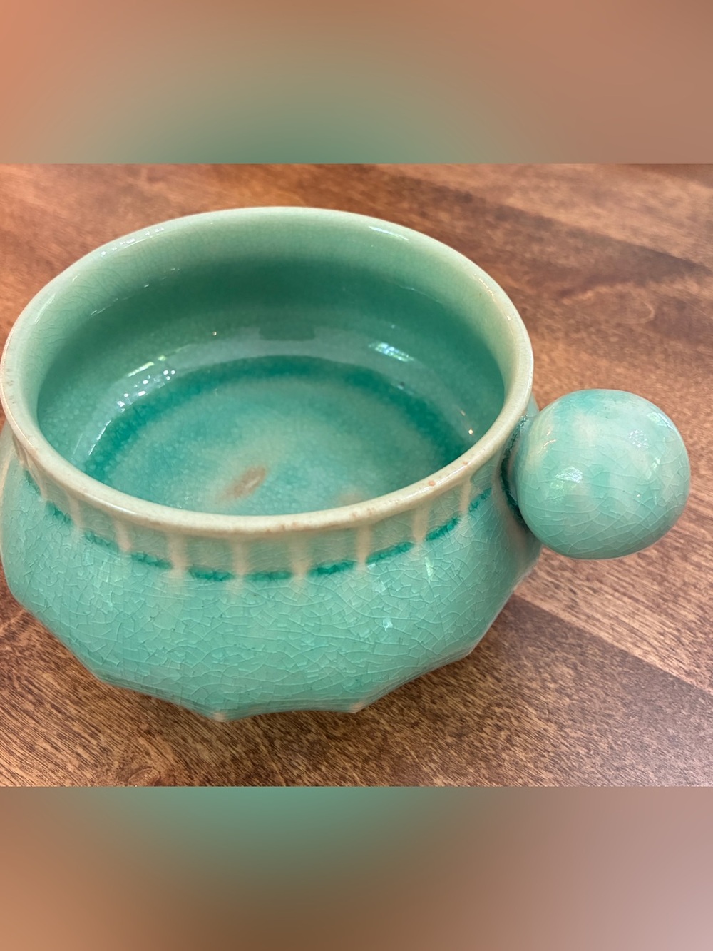 Turquoise Glazed Ceramic Bowl with Round Handle